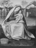 Umkreis Cornelis van Dalem, MADONNA MIT KIND VOR GEBÄUDEN SITZEND., Öl auf Holz