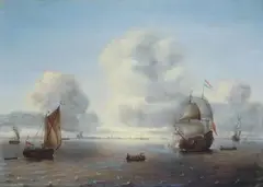 Willem van Diest, HOLLÄNDISCHE KRIEGSSCHIFFE IN KÜSTENNAHEM GEWÄSSER., Öl auf Holz