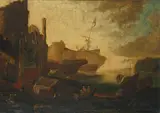 Umkreis Johann Anton Eismann, ZWEI MEDITERRANE HAFENSZENEN., Öl auf Leinwand
