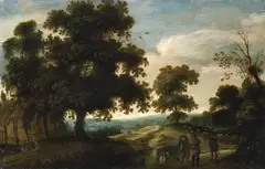 Jacques Fouquier, FLÄMISCHE LANDSCHAFT MIT BAUERN IM VORDERGRUND., Öl auf Holz