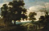 Jacques Fouquier, FLÄMISCHE LANDSCHAFT MIT BAUERN IM VORDERGRUND., Öl auf Holz