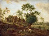 Wilhelm Friedrich Hirt, IDYLLISCHE SOMMERLANDSCHAFT MIT AUSTRIEB DER VIEHHERDE VOR EINEM GEHÖFT., Öl auf Leinwand