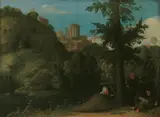 zugeschrieben Johann König, LANDSCHAFT BEI TIVOLI MIT DREI EREMITEN., Öl auf Kupfer