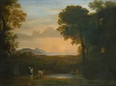 called Lorrain Claude Gellée, LANDSCHAFT MIT DEM ERZENGEL RAPHAEL UND TOBIAS., Öl auf Leinwand (doubliert)