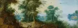 Nachfolge Jasper van der Lanen, BEWALDETE LANDSCHAFT MIT JÄGERN., Öl auf Holz