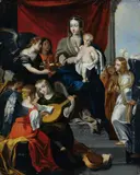 Prague School, MADONNA MIT STEHENDEM CHRISTUSKIND, VON MUSIZIERENDEN UND ADORIERENDEN ENGELN UMGEBEN., Öl auf Kupfer