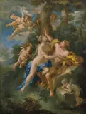 ANGELICA UND MEDORO, DER DEN NAMEN SEINER GELIEBTEN IN DIE RINDE EINES BAUMES SCHNEIDET (nach Ariost). by gen. Il Parmigianino Michele Rocca, Öl auf Leinwand (doubliert), sold May 2006