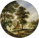 Adriaen van Stalbemt, BAUMBESTANDENE LANDSCHAFT MIT BAUERNHÄUSERN., Öl auf Kupfer