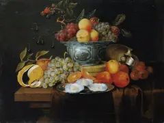 Joris van Son, FRÜCHTESTILLEBEN MIT WAN-LI-SCHALE UND AUSTERN AUF EINEM TELLER., Öl auf Leinwand (doubliert)