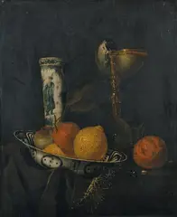 Juriaen van Streeck, FRÜCHTESTILLEBEN MIT NAUTILUSPOKAL UND CHINESISCHEM PORZELLAN., Öl auf Leinwand (doubliert)