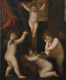 JESUSKNABE AM KREUZ, DARUNTER DREI TRAUERNDE PUTTEN. by Alessandro Varotari, gen. Il Padovanino, zugeschrieben, Öl auf Leinwand (doubliert), sold May 2006