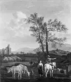Adriaen van de Velde, LANDSCHAFT MIT EINEM BERITTENEN HIRTEN, DER MIT EINER FRAU SPRICHT., Öl auf Leinwand (doubliert)