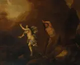 Daniel Vertangen, SATYR DIE NYMPHE AMYMONE VERFOLGEND., Öl auf Holz