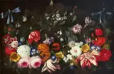 Flemish School, AN ZWEI BLAUEN SCHLEIFEN AUFGEHÄNGTE BLUMENGUIRLANDE.