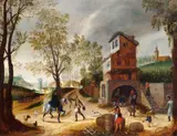 DORFSTRASSE MIT EINEM REITER UND HANDWERKERN. by Umkreis Sebastiaan Vrancx, Öl auf Holz (parkettiert), sold May 2006