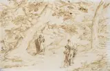 BAUMBESTANDENE LANDSCHAFT MIT EINEM EREMITEN UND REISENDEN. by called Il Guercino Giovanni Francesco Barbieri, Feder in Braun auf getöntem Papier (unter Glas gerahmt), sold May 2006