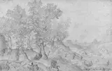 Umkreis Lucas van Valckenborch, WEITE LANDSCHAFT MIT FALKENJAGD., Feder, grau laviert, auf Bütten