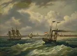 Netherlandish School, SCHIFFE AUF BEWEGTER SEE VOR DER KULISSE VON AMSTERDAM., Öl auf Leinwand