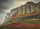 Albert Birkle, Landschaft mit Pflüger, Öltempera auf gipsgrundiertem Karton