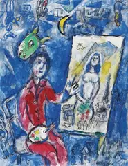 Marc Chagall, Peintre devant chevalet, Tempera, Tusche und Bleistift auf weiß grundierter Hartfaserplatte
