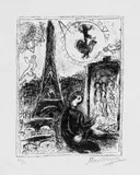 Marc Chagall, Maler mit Eiffelturm, Original-Farblithographie auf Japon nacré