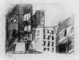 Lyonel Feininger, Häuser, Kohlezeichnung auf strukturiertem Büttenpapier mit Prägestempel "STRATHMORE ARTIST"