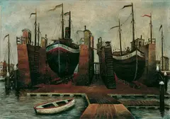 Theo Hölscher, Schiffe im Dock. Holland, Öl auf Holz