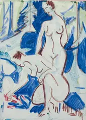 Ernst Ludwig Kirchner, Zwei Akte im Walde, Mischtechnik auf festem, mit einem geschliffenen Kreideüberzug versehenen Zeichenpapier