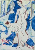 Ernst Ludwig Kirchner, Zwei Akte im Walde, Mischtechnik auf festem, mit einem geschliffenen Kreideüberzug versehenen Zeichenpapier