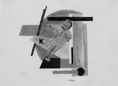 Ohne Titel ("K") by Gustav Klutsis, Deckfarbe über Vorzeichnung und Collage aus Zeitungsillustration sowie bemalten Papieren auf leicht bräunlichem einfache, sold Dec 2005