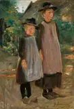 Max Liebermann, Zwei holländische Kinder - Zwei Schwestern, nach rechts - Studie zum "Schulgang in Laren", Öl auf Karton, auf Leinwand aufgezogen