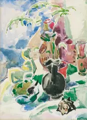 Oskar Moll, Stilleben mit Matisse-Plastik und Muschel, Aquarell auf elfenbeinfarbenem Velin