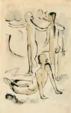 Max Pechstein, Drei Badende am Strand, Aquarellierte Rohrfederzeichnung auf sehr dünnem elfenbeinfarbenen Bütten