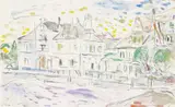 Hans Purrmann, Häuser am Fluss. Türausblick auf Bäume. Alpensee-Landschaft, 3 Aquarelle auf verschiedenen leicht genarbten Aquarellpapieren