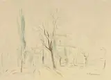 Hans Purrmann, Park mit Häusern (Trient). Obstkorb mit Schmetterlingen, 2 Papierarbeiten. Aquarellierte Bleistiftzeichnung bzw. Bleistiftzeichnung auf elfenbeinfarbenem Bütten