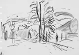 Hans Purrmann, Häuser unter Bäumen. Talblicke, 4 Aquarellskizzen auf chamoisfarbenem Zeichenpapier jeweils