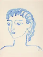 Mädchenkopf in Blau by Christian Theunert, Aquarellfarbe über Bleistift auf chamoisfarbenem Ingres-Bütten, sold Dec 2005