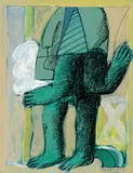 Horst Antes, Maskierte grüne Figur, Gouache und Tusche auf festem Karton