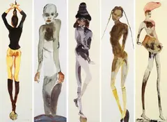 Cornelia Schleime, Ohne Titel, 5 Arbeiten: jeweils Aquarell und Tuschfeder auf elfenbeinfarbenem bzw. gelblichem Zeichen- und Büttenkarton, je ca
