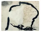 Emil Schumacher, Ohne Titel (aus: Makkaroni Latein), Tusche und Gouache auf altem, mit Tusche handbeschriebenen Manuskriptbütten