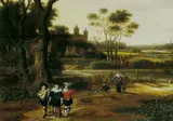 Joachim Govertsz Camphuysen, LANDSCHAFT MIT PROMENIERENDER UND MUSIZIERENDER GESELLSCHAFT., Öl auf Holz