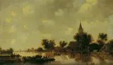 Werkstatt Jan van Goyen, FLUSSLANDSCHAFT MIT FÄHRBOOT., Öl auf Holz (parkettiert)