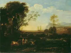 called Lorrain Claude Gellée, ARKADISCHE LANDSCHAFT MIT HIRTENSTAFFAGE., Öl auf Leinwand