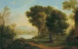 called Lorrain Claude Gellée, ARKADISCHE FLUSSLANDSCHAFT MIT FIGURENSTAFFAGE., Öl auf Leinwand (doubliert)