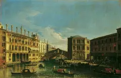 Umkreis Michele Marieschi, VENEZIANISCHE VEDUTE MIT DER VON NORDEN GESEHENEN RIALTOBRÜCKE., Öl auf Leinwand