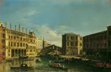 Umkreis Michele Marieschi, VENEZIANISCHE VEDUTE MIT DER VON NORDEN GESEHENEN RIALTOBRÜCKE., Öl auf Leinwand