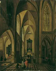 Pieter Neefs the Elder, KIRCHENINTERIEUR mit reicher Figurenstaffage., Öl auf Holz