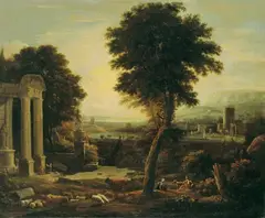 Werkstatt Nicolas Poussin, ARKADISCHE LANDSCHAFT mit einer Tempelruine und Hirtenstaffage., Öl auf Leinwand