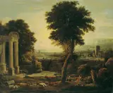 Werkstatt Nicolas Poussin, ARKADISCHE LANDSCHAFT mit einer Tempelruine und Hirtenstaffage., Öl auf Leinwand