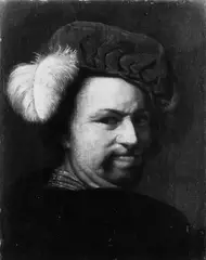 Rembrandt school, EIN BÄRTIGER MANN MIT FEDERBESETZTEM BARETT UND OHRRING., Öl auf Leinwand (doubliert)